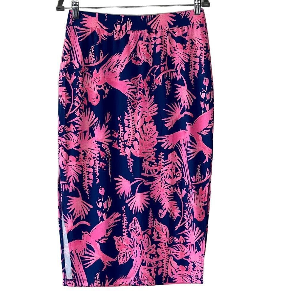 Lilly‎ Pulitzer Kemi Night Caw Indigo & Pink Floral MIDI Skirt Size Small NWT